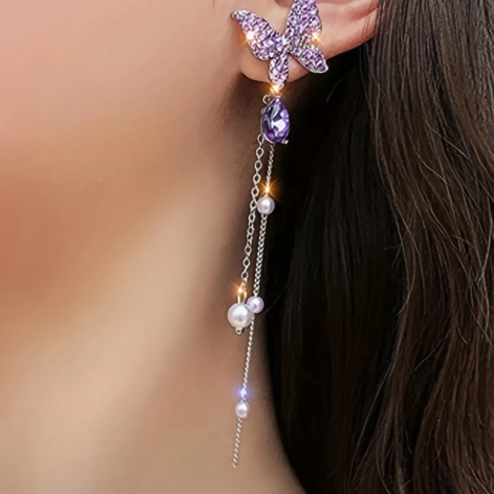 Purple Butterfly Drop Earrings with Pearls